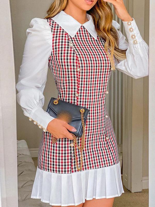 Women's Dresses Plaid Stitching Button Long Sleeve Shirt Dress - Mini Dresses - INS | Online Fashion Free Shipping Clothing, Dresses, Tops, Shoes - 30/09/2021 - Color_Black - Color_White