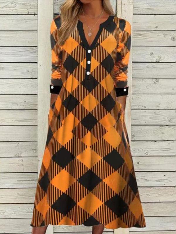 Women's Dresses Plaid V-Neck Button Pocket Long Sleeve Dress - Midi Dresses - INS | Online Fashion Free Shipping Clothing, Dresses, Tops, Shoes - 19/11/2021 - 20-30 - color-yellow