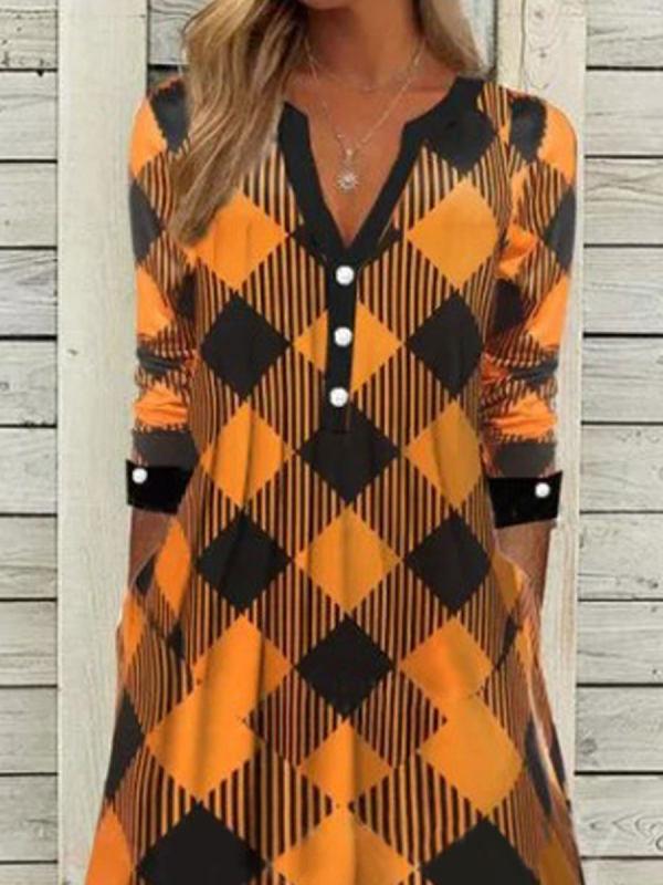 Women's Dresses Plaid V-Neck Button Pocket Long Sleeve Dress - Midi Dresses - INS | Online Fashion Free Shipping Clothing, Dresses, Tops, Shoes - 19/11/2021 - 20-30 - color-yellow