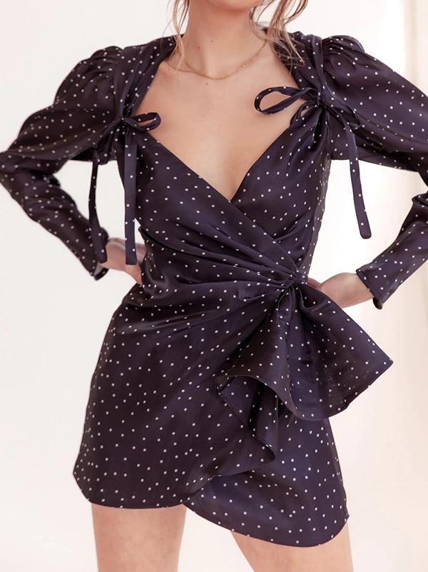 Women's Dresses Pleated Irregular V-neck Lantern Sleeve Polka Dot Dress - Mini Dresses - INS | Online Fashion Free Shipping Clothing, Dresses, Tops, Shoes - 30/09/2021 - Color_Black - DRE2109302701