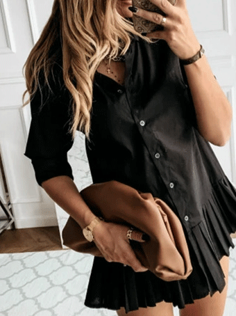 Women's Dresses Pleated Slim Button Long Sleeve Shirt Dress - Mini Dresses - INS | Online Fashion Free Shipping Clothing, Dresses, Tops, Shoes - 20-30 - 23/10/2021 - color-black