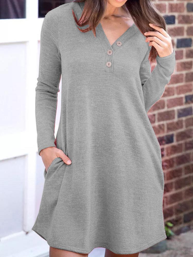 Women's Dresses Pocket Button Solid Casual Long Sleeve Dress - Mini Dresses - INS | Online Fashion Free Shipping Clothing, Dresses, Tops, Shoes - 03/11/2021 - 20-30 - Casual Dresses