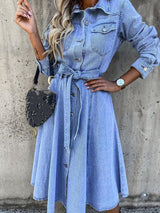 Women's Dresses Pocket Lapel Belted Long Sleeve Denim Dress - Midi Dresses - INS | Online Fashion Free Shipping Clothing, Dresses, Tops, Shoes - 27/10/2021 - 40-50 - color-blue