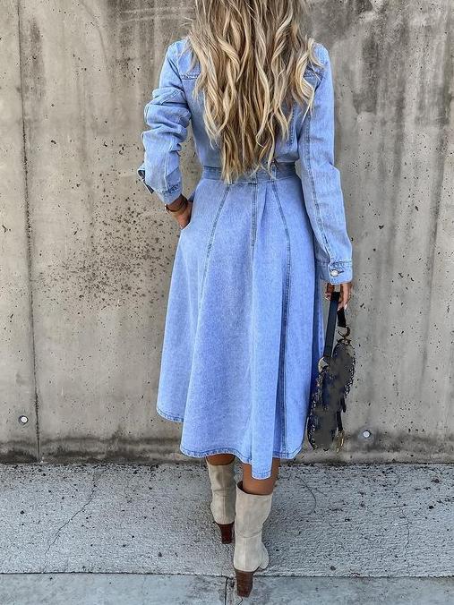 Women's Dresses Pocket Lapel Belted Long Sleeve Denim Dress - Midi Dresses - INS | Online Fashion Free Shipping Clothing, Dresses, Tops, Shoes - 27/10/2021 - 40-50 - color-blue