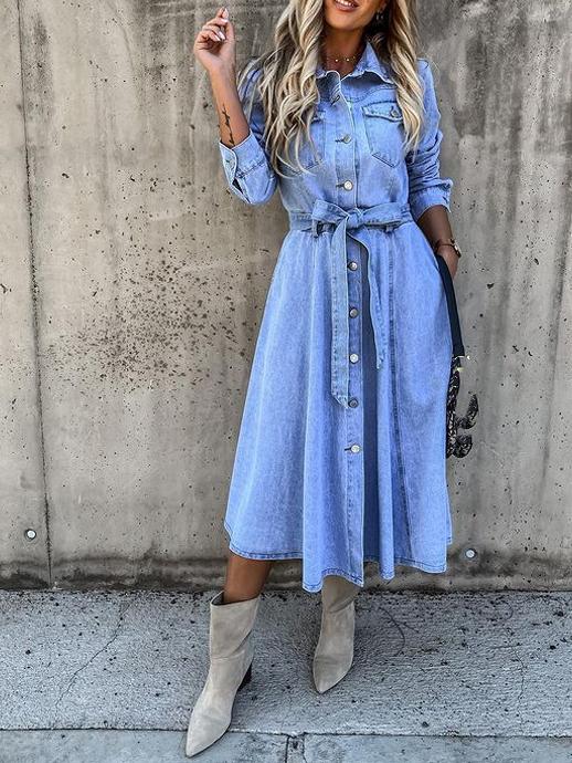 Women's Dresses Pocket Lapel Belted Long Sleeve Denim Dress - Midi Dresses - INS | Online Fashion Free Shipping Clothing, Dresses, Tops, Shoes - 27/10/2021 - 40-50 - color-blue