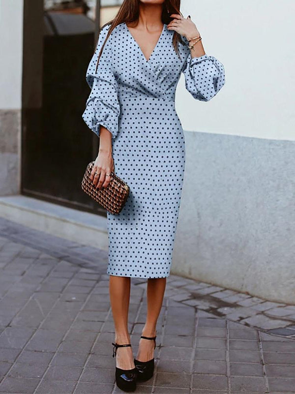 Women's Dresses Polka Dot Printed V-Neck Long Sleeve Dress - Midi Dresses - INS | Online Fashion Free Shipping Clothing, Dresses, Tops, Shoes - 01/12/2021 - 30-40 - color-blue