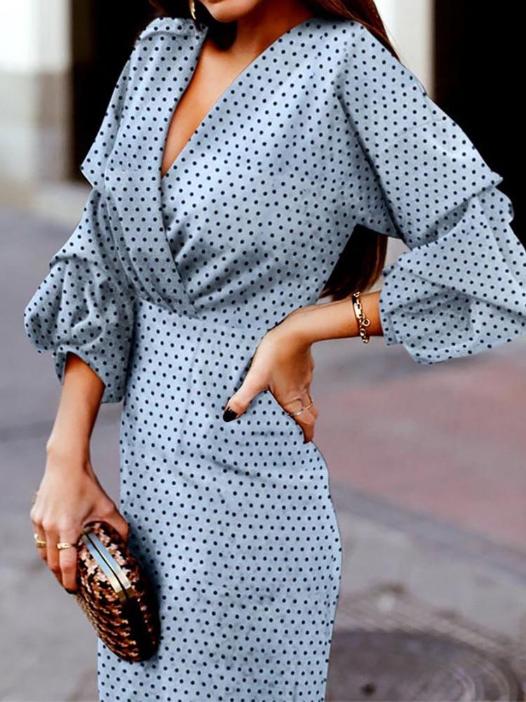 Women's Dresses Polka Dot Printed V-Neck Long Sleeve Dress - Midi Dresses - INS | Online Fashion Free Shipping Clothing, Dresses, Tops, Shoes - 01/12/2021 - 30-40 - color-blue