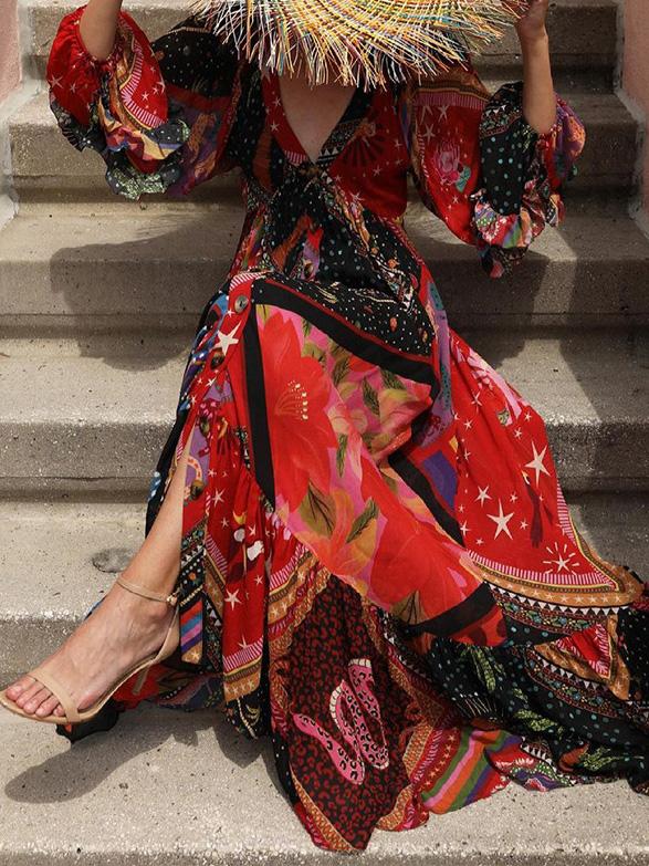 Women's Dresses Printed Bohemian V-Neck Long Sleeve Dress - Maxi Dresses - INS | Online Fashion Free Shipping Clothing, Dresses, Tops, Shoes - 20/08/2021 - 40-50 - Category_Maxi Dresses