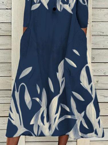 Women's Dresses Printed Button Pocket Long Sleeve Dress - Midi Dresses - INS | Online Fashion Free Shipping Clothing, Dresses, Tops, Shoes - 11/10/2021 - Color_Blue - DRE2110112727