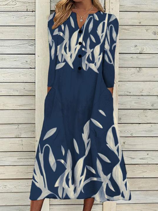 Women's Dresses Printed Button Pocket Long Sleeve Dress - Midi Dresses - INS | Online Fashion Free Shipping Clothing, Dresses, Tops, Shoes - 11/10/2021 - Color_Blue - DRE2110112727