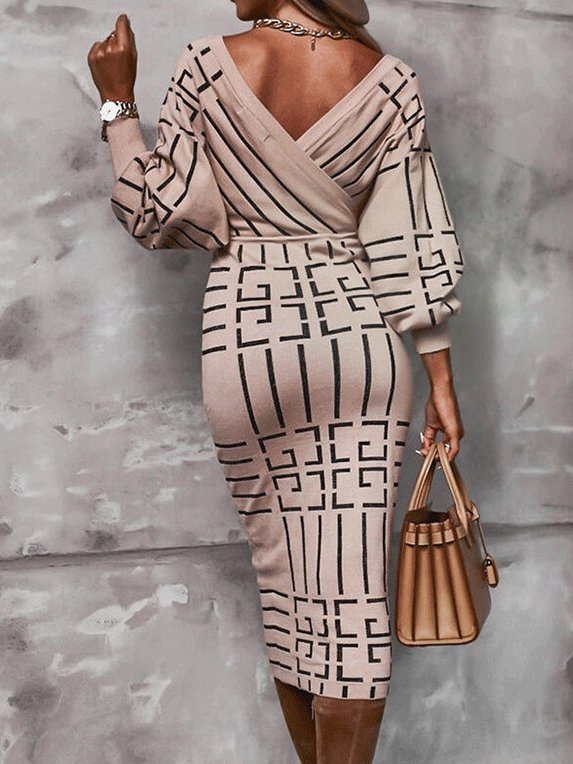 Women's Dresses Printed Deep V-Neck Long Sleeve Bodycon Dress - Midi Dresses - INS | Online Fashion Free Shipping Clothing, Dresses, Tops, Shoes - 09/10/2021 - Bodycon Dresses - Color_Apricot