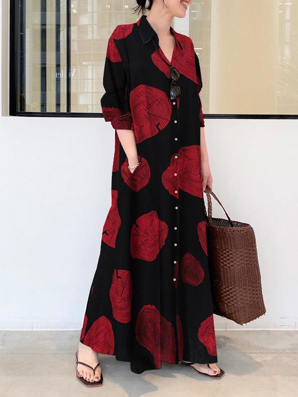 Women's Dresses Printed Lapel Long Sleeve Pocket Shirt Dress - Maxi Dresses - INS | Online Fashion Free Shipping Clothing, Dresses, Tops, Shoes - 27/09/2021 - Color_Black - Color_Red