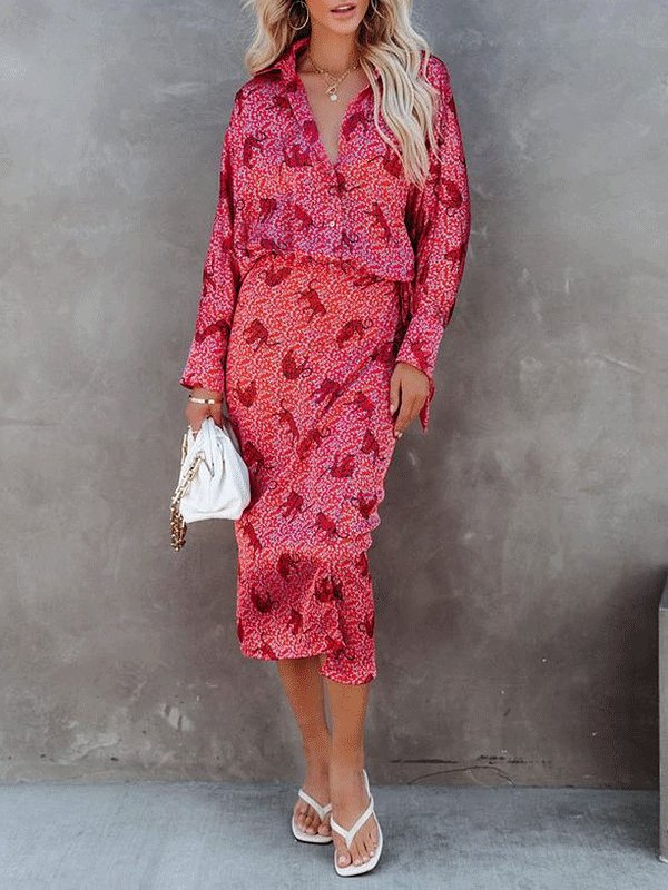 Women's Dresses Printed Long Sleeve Lapel Shirt Dress - Midi Dresses - INS | Online Fashion Free Shipping Clothing, Dresses, Tops, Shoes - 09/10/2021 - Color_Green - Color_Red