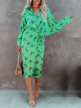 Women's Dresses Printed Long Sleeve Lapel Shirt Dress - Midi Dresses - INS | Online Fashion Free Shipping Clothing, Dresses, Tops, Shoes - 09/10/2021 - Color_Green - Color_Red