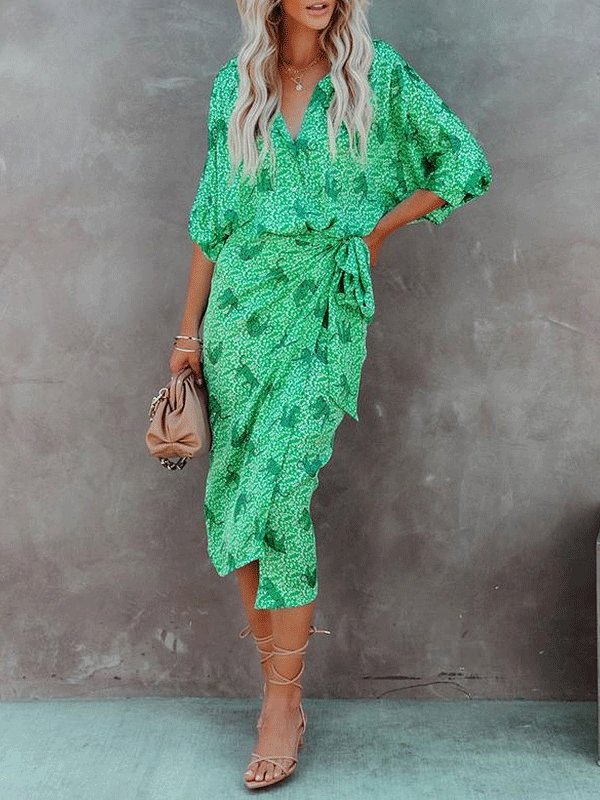 Women's Dresses Printed Long Sleeve Lapel Shirt Dress - Midi Dresses - INS | Online Fashion Free Shipping Clothing, Dresses, Tops, Shoes - 09/10/2021 - Color_Green - Color_Red