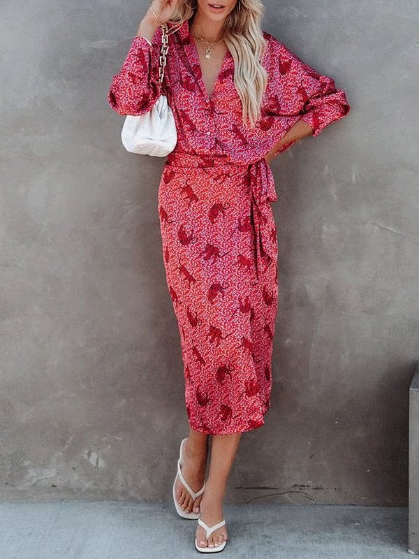 Women's Dresses Printed Long Sleeve Lapel Shirt Dress - Midi Dresses - INS | Online Fashion Free Shipping Clothing, Dresses, Tops, Shoes - 09/10/2021 - Color_Green - Color_Red