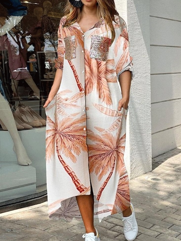Women's Dresses Printed Pocket Long Sleeve Shirt Dress - Maxi Dresses - INS | Online Fashion Free Shipping Clothing, Dresses, Tops, Shoes - 28/09/2021 - Casual Dresses - Color