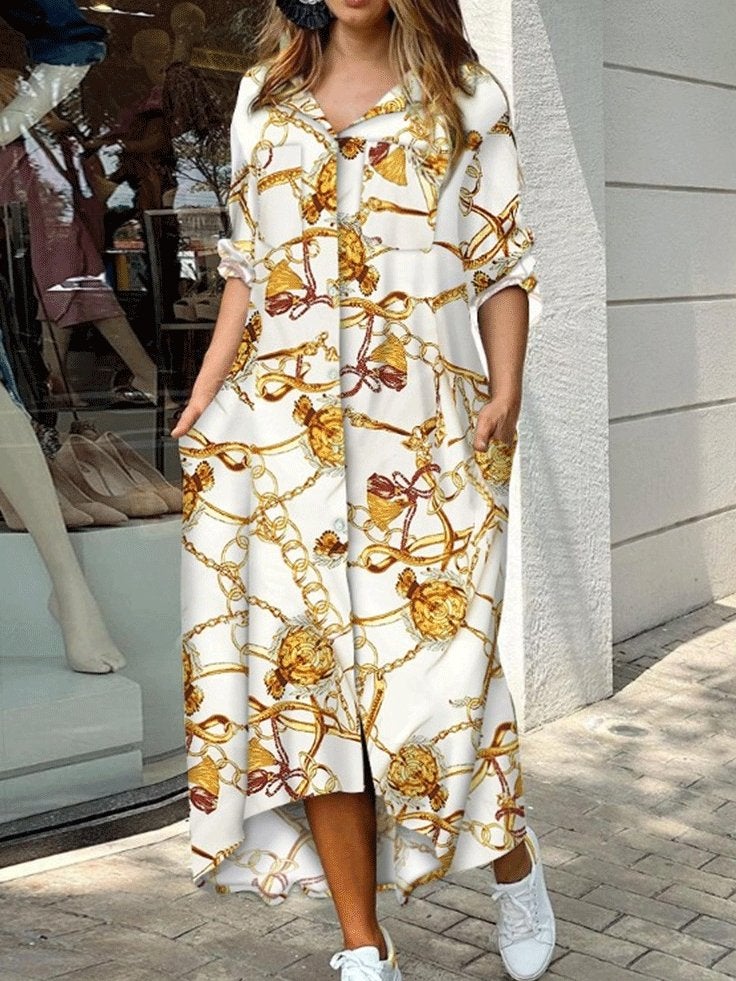 Women's Dresses Printed Pocket Long Sleeve Shirt Dress - Maxi Dresses - INS | Online Fashion Free Shipping Clothing, Dresses, Tops, Shoes - 28/09/2021 - Casual Dresses - Color