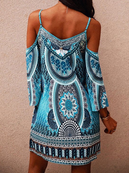 Women's Dresses Printed Round Neck Hollow Off-The-Shoulder Strap Dress - Mini Dresses - INS | Online Fashion Free Shipping Clothing, Dresses, Tops, Shoes - 03/09/2021 - 20-30 - Category_Mini Dresses