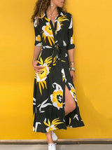 Women's Dresses Printed Single-Breasted Long Sleeve Slim Dress - Midi Dresses - INS | Online Fashion Free Shipping Clothing, Dresses, Tops, Shoes - 03/09/2021 - 20-30 - Category_Midi Dresses