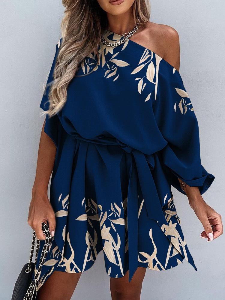 Women's Dresses Printed Sloping Shoulder Belted Casual Dress - Mini Dresses - INS | Online Fashion Free Shipping Clothing, Dresses, Tops, Shoes - 04/11/2021 - 30-40 - color-blue