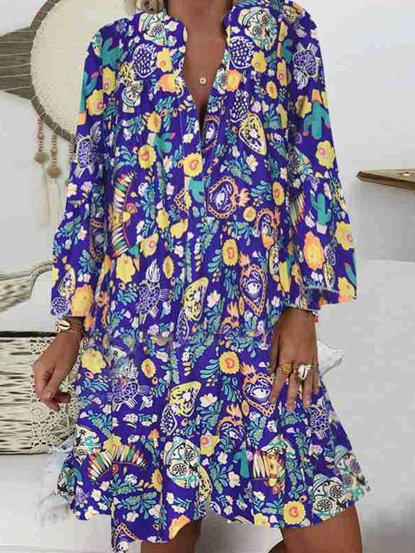 Women's Dresses Printed Stand Collar Button Ruffled Long Sleeve Dress - Mini Dresses - INS | Online Fashion Free Shipping Clothing, Dresses, Tops, Shoes - 20-30 - 26/10/2021 - color-blue