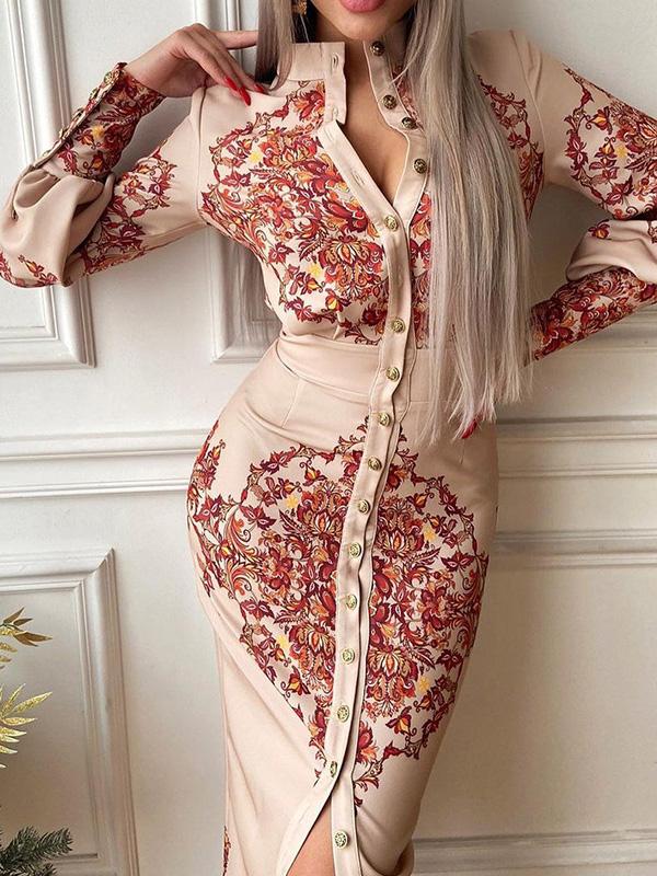 Women's Dresses Printed Stand Collar Long Sleeve Shirt Dress - Midi Dresses - INS | Online Fashion Free Shipping Clothing, Dresses, Tops, Shoes - 25/08/2021 - 40-50 - Category_Midi Dresses