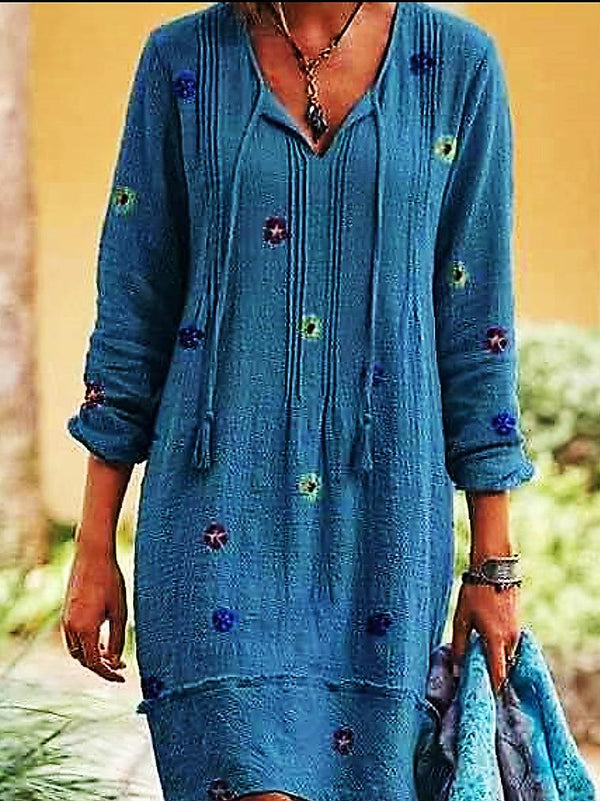 Women's Dresses Printed V-Neck Fringed Long Sleeve Dress - Midi Dresses - INS | Online Fashion Free Shipping Clothing, Dresses, Tops, Shoes - 10/09/2021 - 20-30 - Category_Midi Dresses