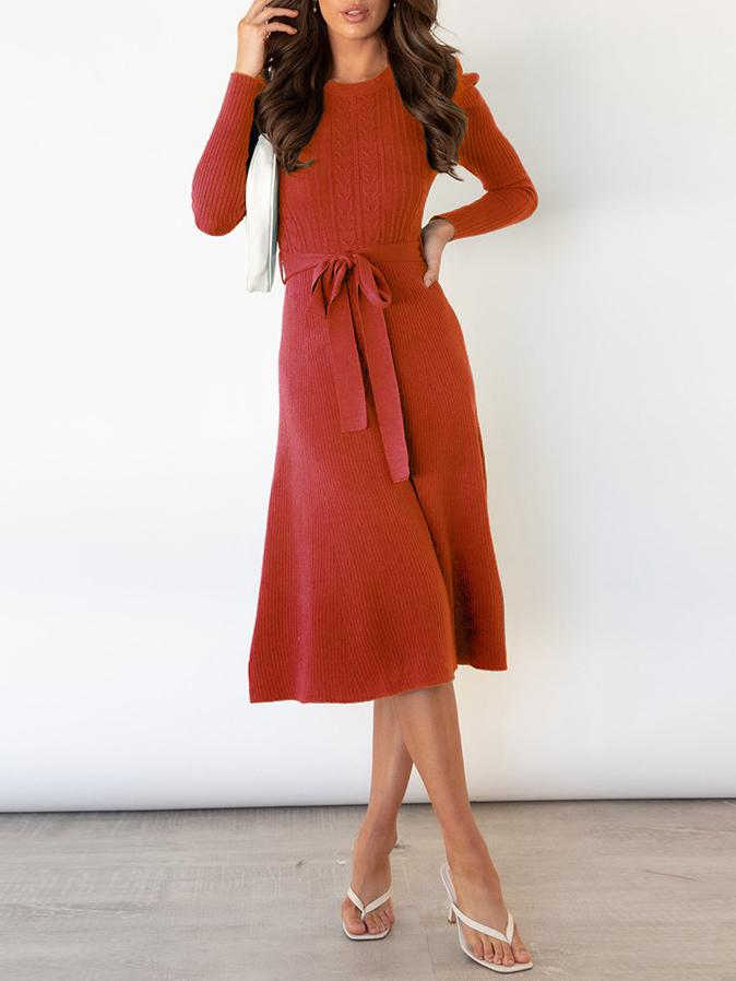 Women's Dresses Puff Long Sleeve Belted Knit Dress - Midi Dresses - INS | Online Fashion Free Shipping Clothing, Dresses, Tops, Shoes - 16/11/2021 - 40-50 - color-apricot