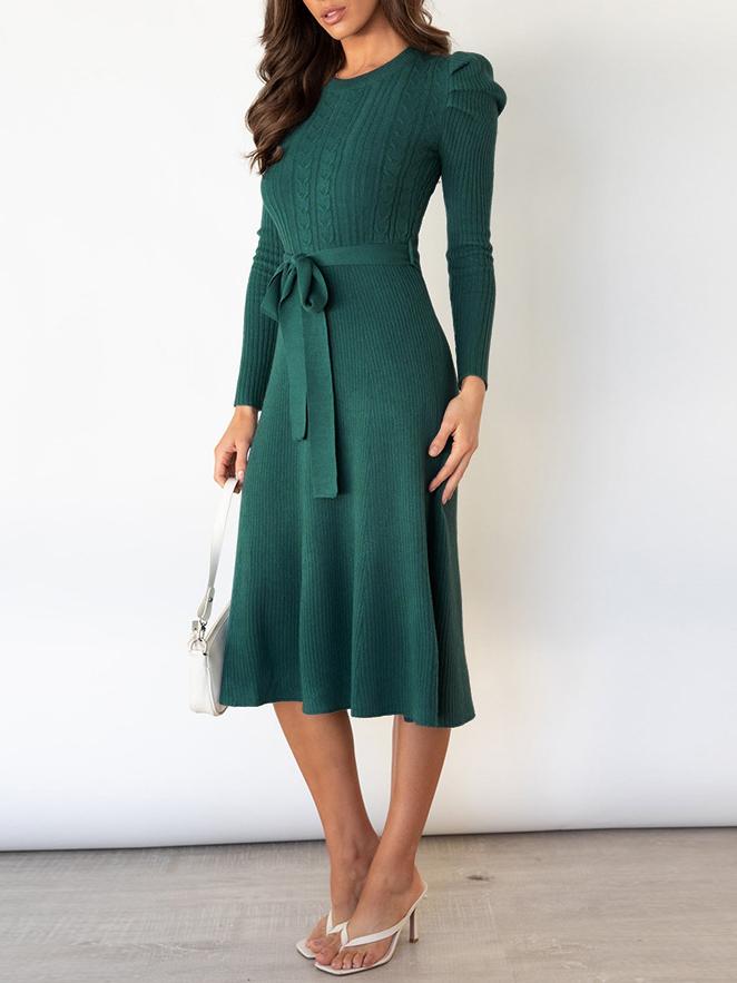 Women's Dresses Puff Long Sleeve Belted Knit Dress - Midi Dresses - INS | Online Fashion Free Shipping Clothing, Dresses, Tops, Shoes - 16/11/2021 - 40-50 - color-apricot