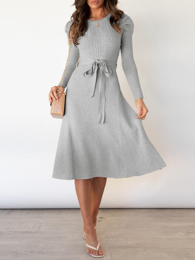 Women's Dresses Puff Long Sleeve Belted Knit Dress - Midi Dresses - INS | Online Fashion Free Shipping Clothing, Dresses, Tops, Shoes - 16/11/2021 - 40-50 - color-apricot