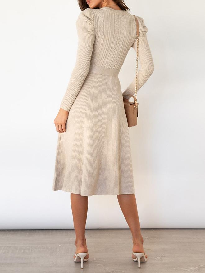 Women's Dresses Puff Long Sleeve Belted Knit Dress - Midi Dresses - INS | Online Fashion Free Shipping Clothing, Dresses, Tops, Shoes - 16/11/2021 - 40-50 - color-apricot