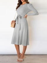 Women's Dresses Puff Long Sleeve Belted Knit Dress - Midi Dresses - INS | Online Fashion Free Shipping Clothing, Dresses, Tops, Shoes - 16/11/2021 - 40-50 - color-apricot