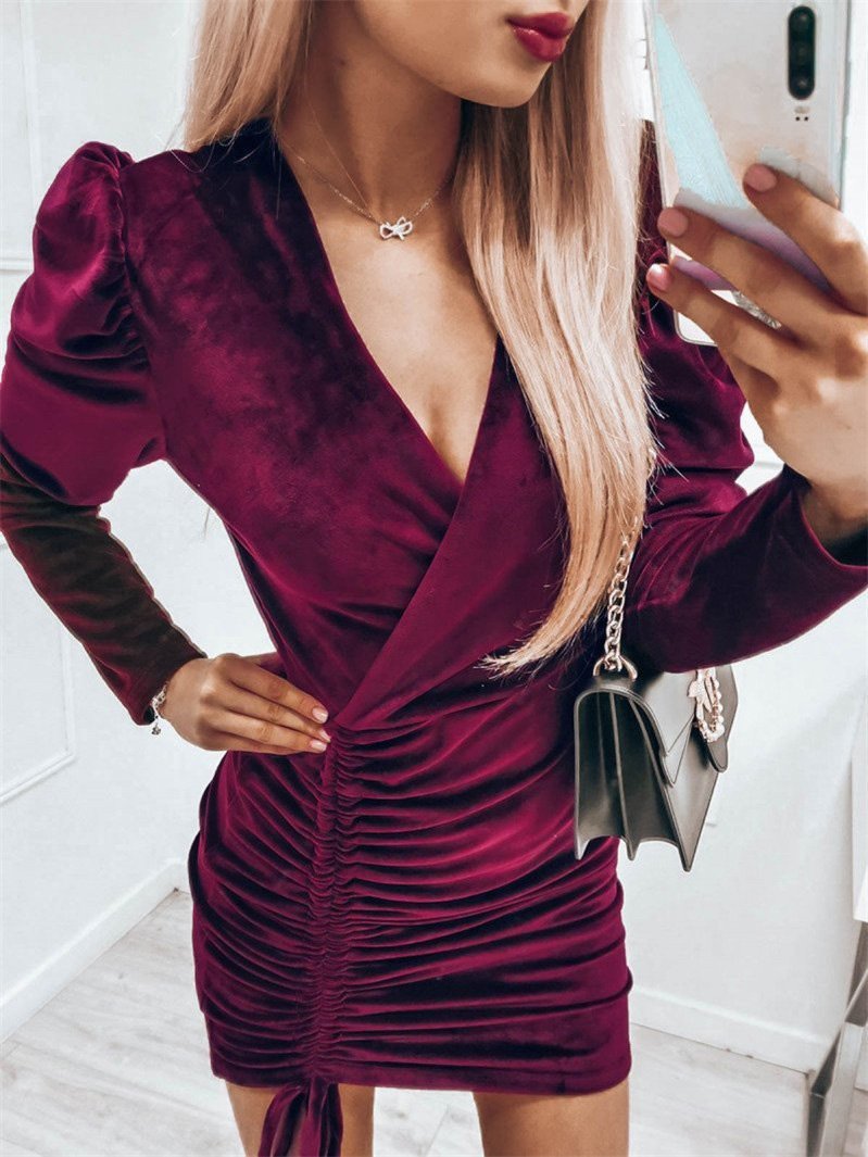 Women's Dresses Puff Sleeve V-Neck Drawstring Dress - Mini Dresses - INS | Online Fashion Free Shipping Clothing, Dresses, Tops, Shoes - 01/09/2021 - 20-30 - Category_Mini Dresses