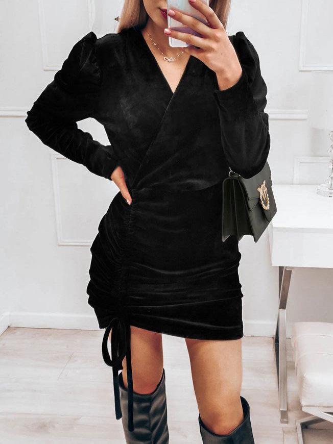 Women's Dresses Puff Sleeve V-Neck Drawstring Dress - Mini Dresses - INS | Online Fashion Free Shipping Clothing, Dresses, Tops, Shoes - 01/09/2021 - 20-30 - Category_Mini Dresses