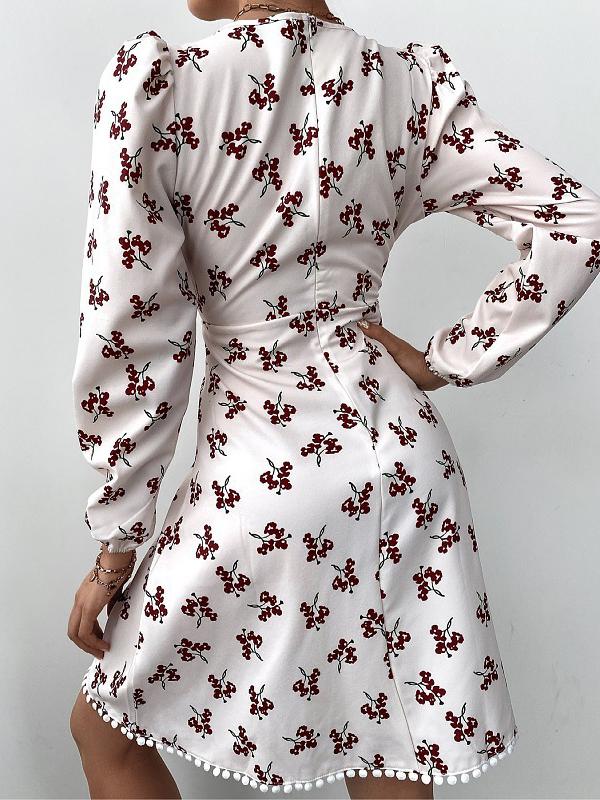 Women's Dresses Puff Sleeve V-Neck Floral Long Sleeve Dress - Mini Dresses - INS | Online Fashion Free Shipping Clothing, Dresses, Tops, Shoes - 15/11/2021 - Color_White - DRE2111152889