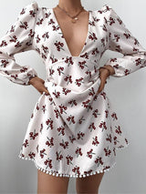 Women's Dresses Puff Sleeve V-Neck Floral Long Sleeve Dress - Mini Dresses - INS | Online Fashion Free Shipping Clothing, Dresses, Tops, Shoes - 15/11/2021 - Color_White - DRE2111152889