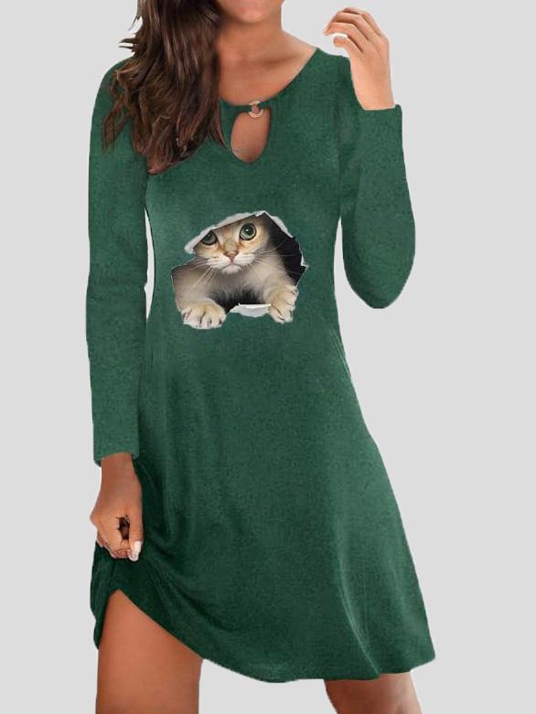 Women's Dresses Pullover Cat Print Hollow Long Sleeve Dress - Mini Dresses - INS | Online Fashion Free Shipping Clothing, Dresses, Tops, Shoes - 27/09/2021 - Casual Dresses - Color_Black