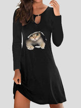 Women's Dresses Pullover Cat Print Hollow Long Sleeve Dress - Mini Dresses - INS | Online Fashion Free Shipping Clothing, Dresses, Tops, Shoes - 27/09/2021 - Casual Dresses - Color_Black