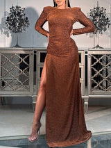 Women's Dresses Pure Bare Back Long Sleeve High Split Dress - Maxi Dresses - INS | Online Fashion Free Shipping Clothing, Dresses, Tops, Shoes - 09/10/2021 - Color_Brown - DRE2110092718