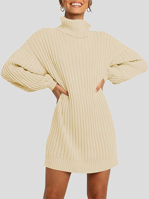 Women's Dresses Pure High Collar Long Sleeve Knit Dress - Mini Dresses - Instastyled | Online Fashion Free Shipping Clothing, Dresses, Tops, Shoes - 20/12/2021 - 40-50 - color-beige