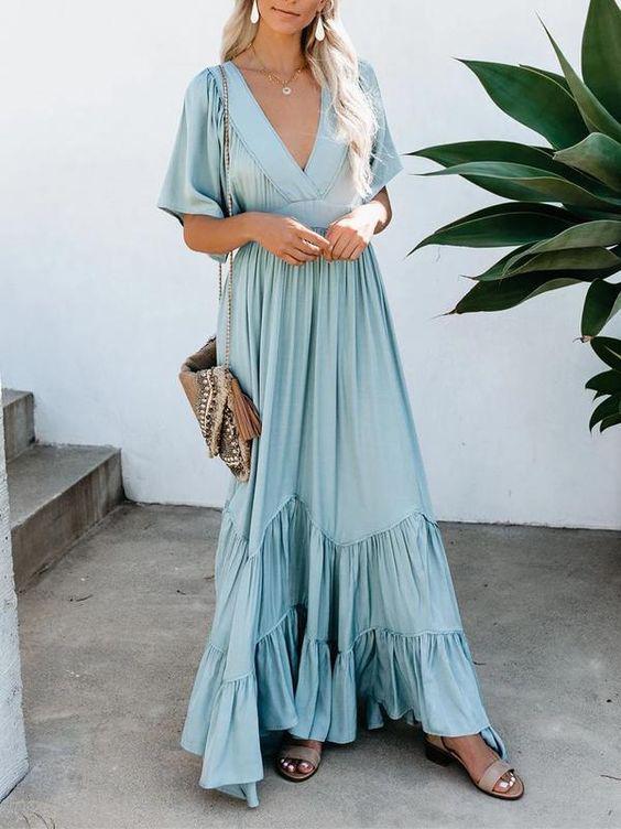 Women's Dresses Pure V-Neck Pocket Belted Bohemian Maxi Dress - Maxi Dresses - INS | Online Fashion Free Shipping Clothing, Dresses, Tops, Shoes - 18/11/2021 - 40-50 - color-blue