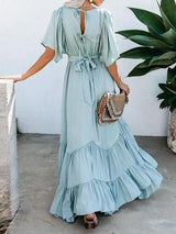 Women's Dresses Pure V-Neck Pocket Belted Bohemian Maxi Dress - Maxi Dresses - INS | Online Fashion Free Shipping Clothing, Dresses, Tops, Shoes - 18/11/2021 - 40-50 - color-blue