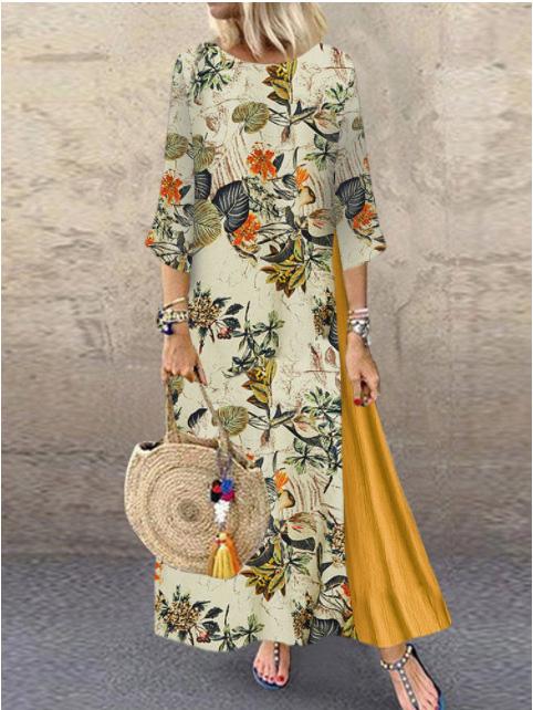Women's Dresses Retro Floral Round Neck Stitching Long Sleeve Dress - Maxi Dresses - INS | Online Fashion Free Shipping Clothing, Dresses, Tops, Shoes - 14/09/2021 - 20-30 - Category_Maxi Dresses