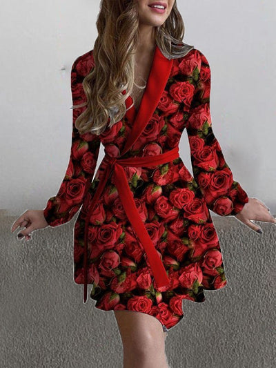 Women's Dresses Rose Flower Print Lapel Long Sleeve Dress - Mini Dresses - Instastyled | Online Fashion Free Shipping Clothing, Dresses, Tops, Shoes - 22/12/2021 - 40-50 - color-black