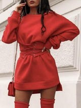 Women's Dresses Round Neck Belted Long Sleeve Dress - Mini Dresses - INS | Online Fashion Free Shipping Clothing, Dresses, Tops, Shoes - 19/11/2021 - 20-30 - color-black