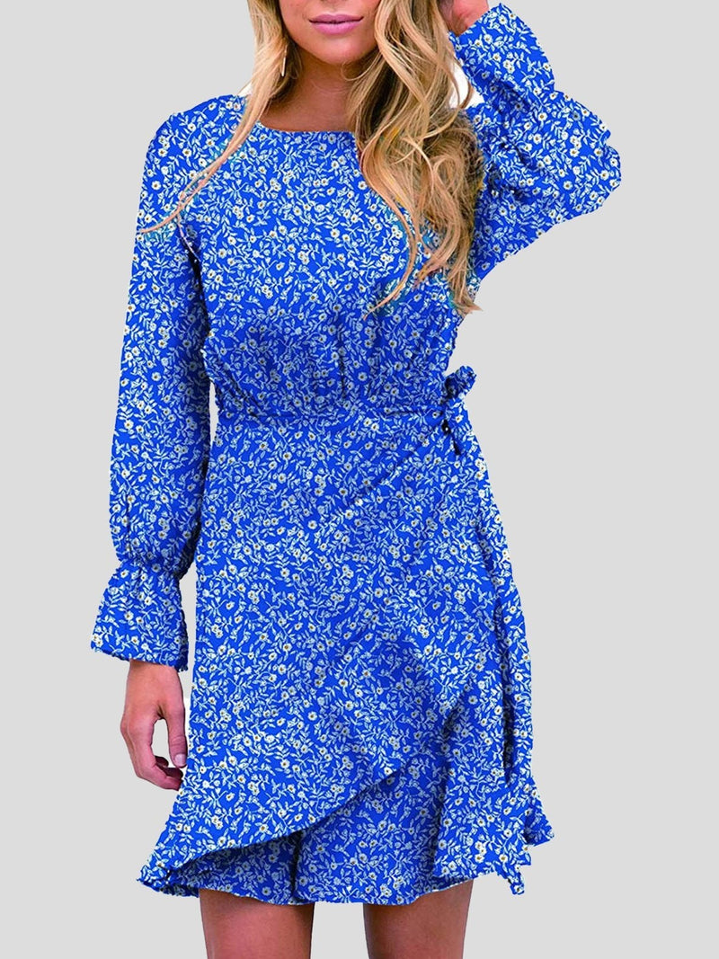 Women's Dresses Round Neck Floral Belted Long Sleeve Dress - Mini Dresses - INS | Online Fashion Free Shipping Clothing, Dresses, Tops, Shoes - 20-30 - 22/10/2021 - color-black