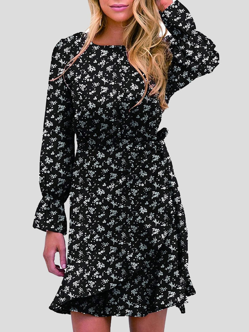 Women's Dresses Round Neck Floral Belted Long Sleeve Dress - Mini Dresses - INS | Online Fashion Free Shipping Clothing, Dresses, Tops, Shoes - 20-30 - 22/10/2021 - color-black