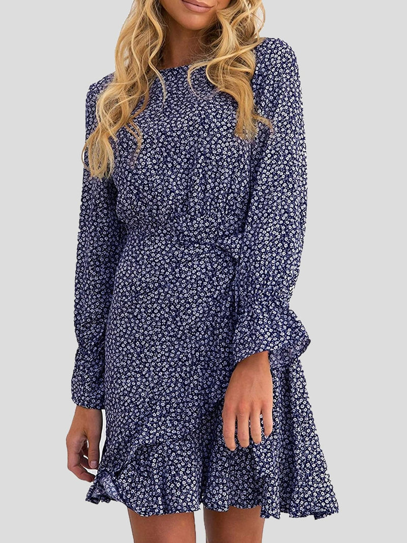 Women's Dresses Round Neck Floral Belted Long Sleeve Dress - Mini Dresses - INS | Online Fashion Free Shipping Clothing, Dresses, Tops, Shoes - 20-30 - 22/10/2021 - color-black