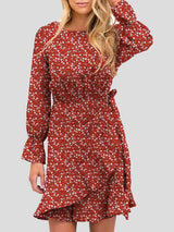 Women's Dresses Round Neck Floral Belted Long Sleeve Dress - Mini Dresses - INS | Online Fashion Free Shipping Clothing, Dresses, Tops, Shoes - 20-30 - 22/10/2021 - color-black